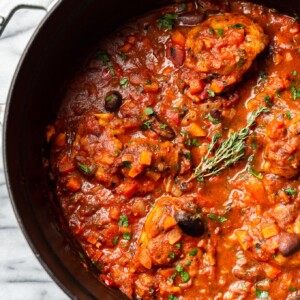 close-up of the best Chicken Cacciatore in a Dutch oven