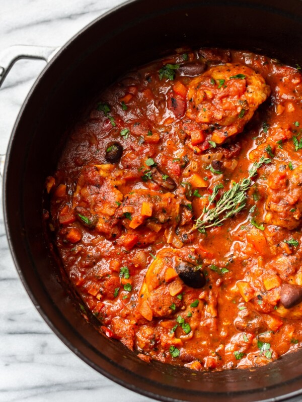 close-up of the best Chicken Cacciatore in a Dutch oven