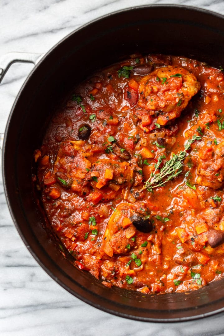 close-up of the best Chicken Cacciatore in a Dutch oven