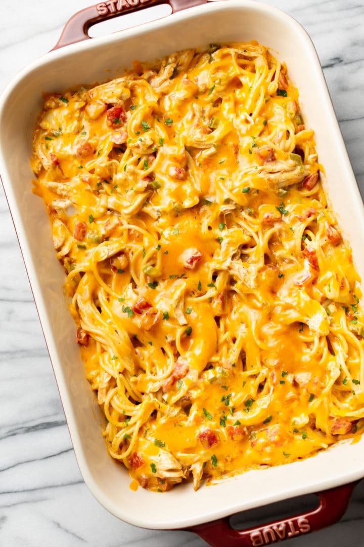 cheesy Rotel chicken spaghetti in a casserole dish