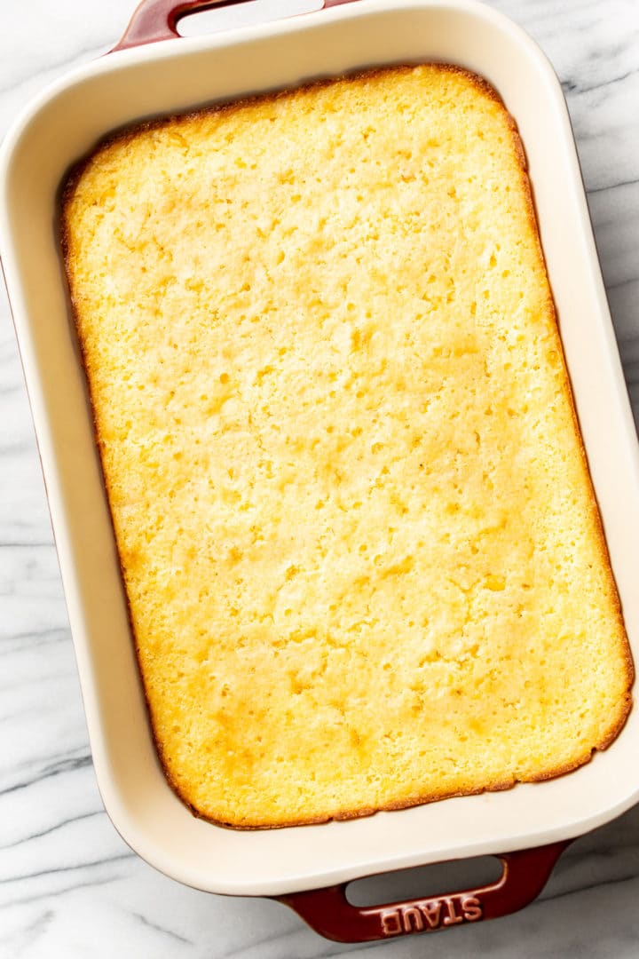 Jiffy corn casserole in a 9x13 baking dish