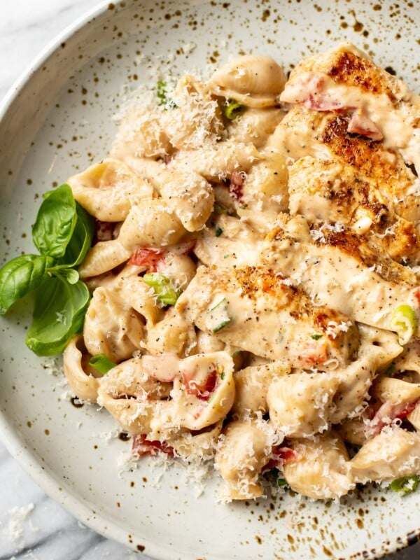 creamy Cajun chicken pasta in a shallow bowl