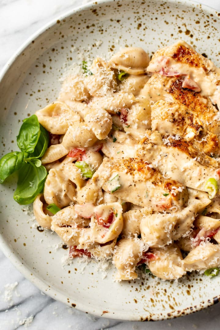 creamy Cajun chicken pasta in a shallow bowl