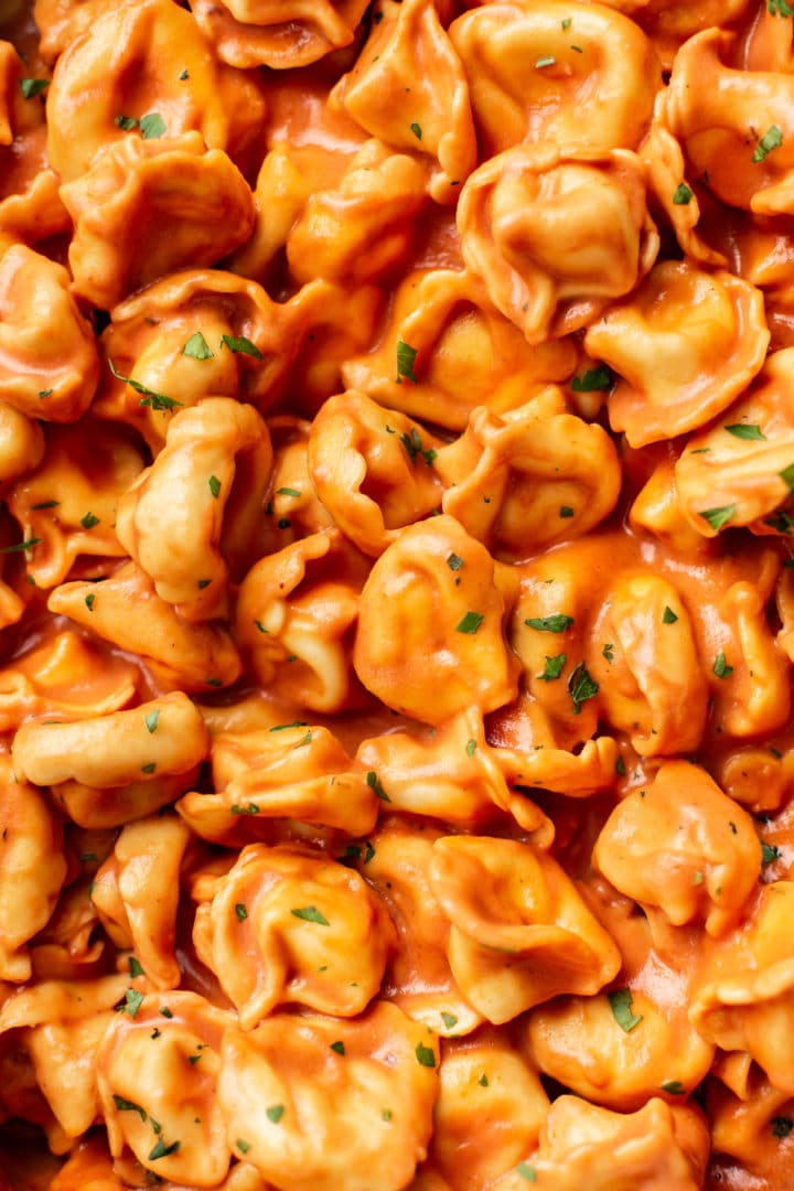 close-up of tortellini with tomato cream sauce