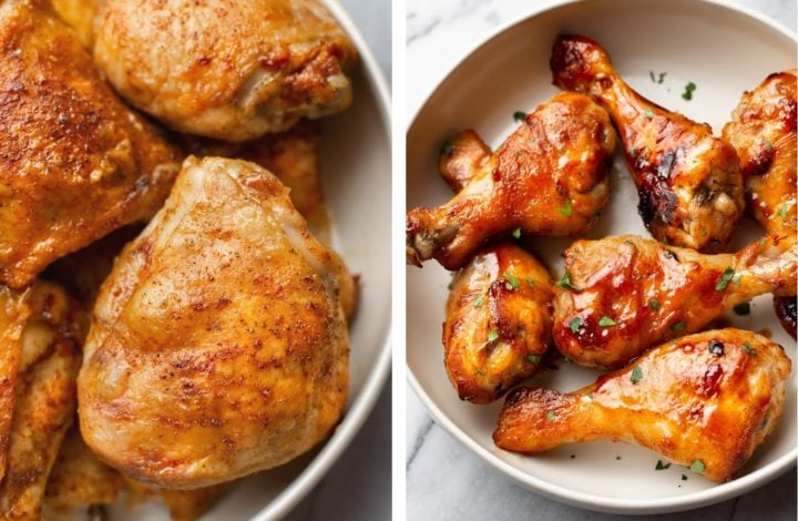 collage of baked chicken thighs and honey baked chicken drumsticks