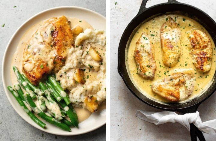 collage with creamy garlic chicken and creamy honey mustard chicken