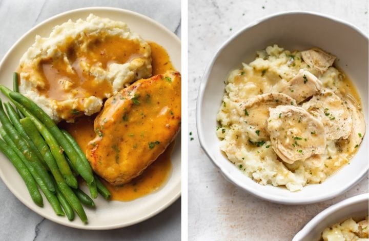collage with easy skillet chicken and gravy and Instant Pot chicken and gravy