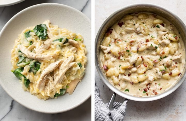 collage with lemon chicken orzo and chicken bacon gnocchi