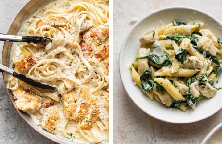 collage with chicken fettuccine Alfredo and creamy spinach chicken pasta
