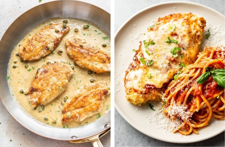 collage with chicken piccata and chicken parmesan