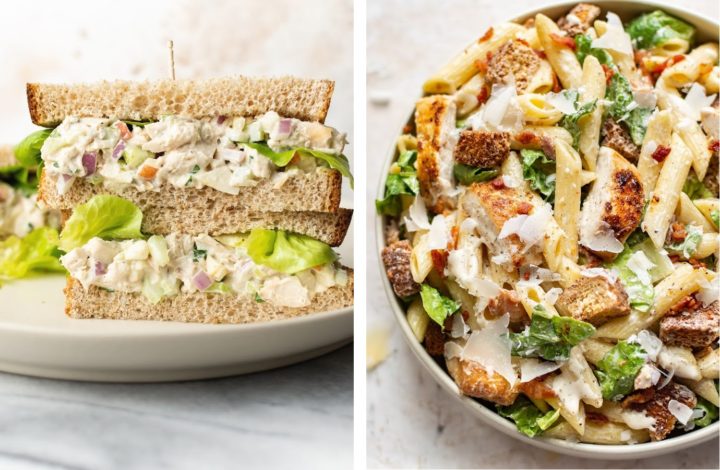 collage with chicken salad sandwich and chicken Caesar pasta salad