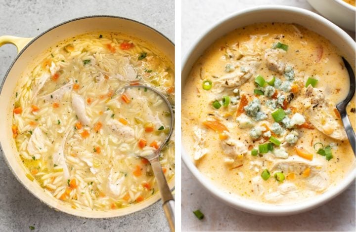collage with lemon chicken orzo soup and buffalo chicken soup