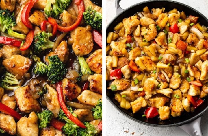 collage with teriyaki chicken stir fry and pineapple chicken