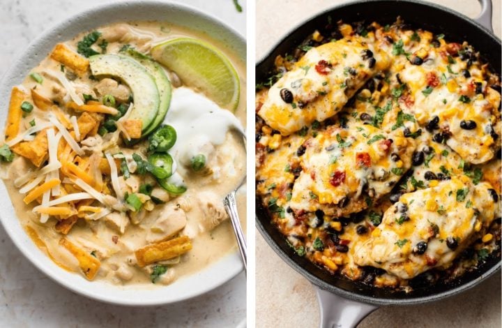 collage with creamy white chicken chili and Santa Fe chicken skillet