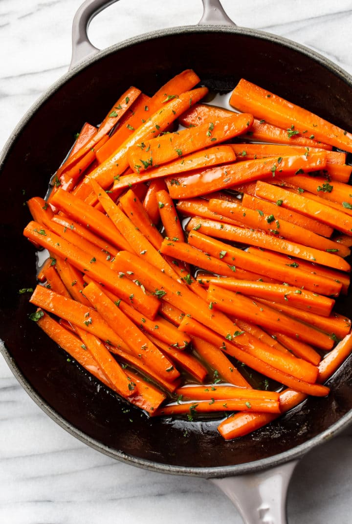 brown sugar glazed carrots in a skillet