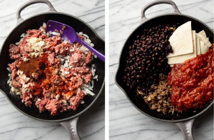 frying ground beef in a skillet and adding salsa and tortillas