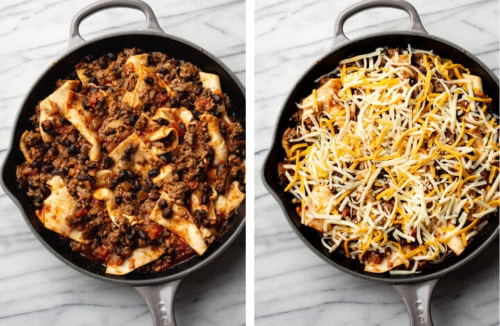 adding cheese to a taco skillet