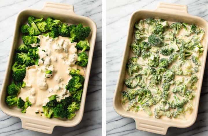 pouring cheese sauce into a baking dish with broccoli