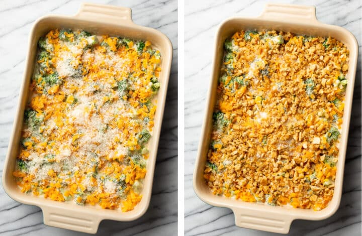adding cheese and crunchy topping to broccoli casserole