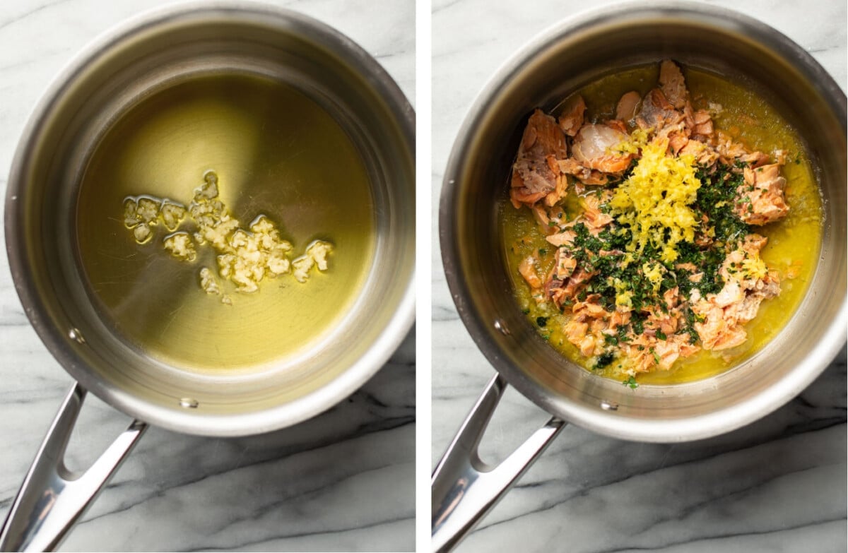 sauteing garlic in a saucepan and making sauce for canned salmon pasta