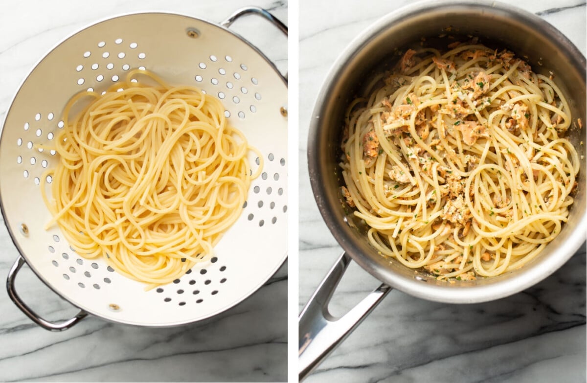 draining pasta in a colander and adding to a saucepan with canned salmon sauce