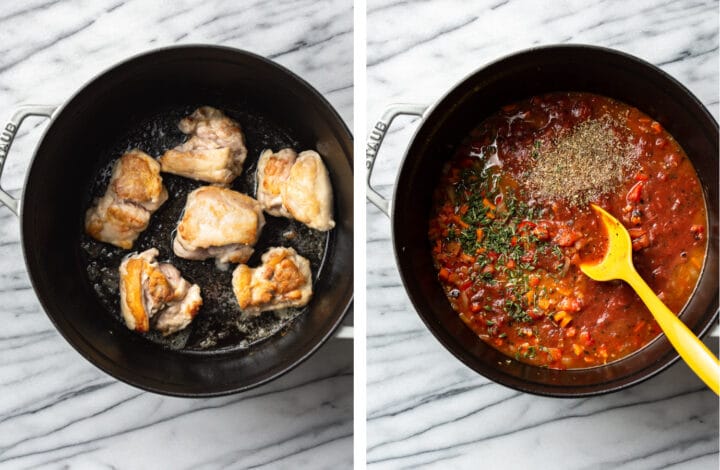 pan searing chicken in a dutch oven and making sauce for chicken cacciatore