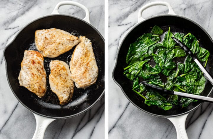 pan frying chicken and spinach in a cast iron skillet