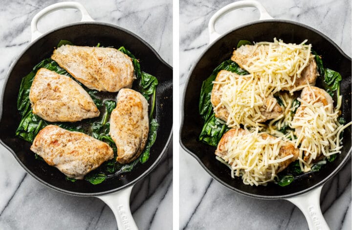 adding mozzarella to chicken in a skillet