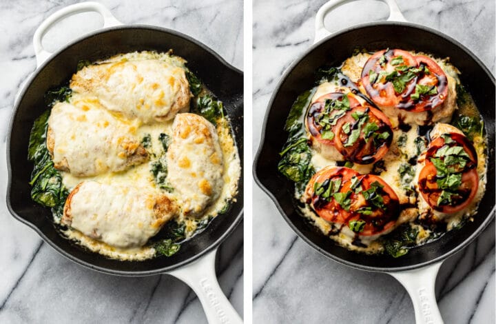 topping chicken caprese with tomatoes and fresh basil