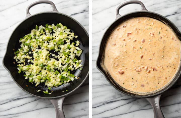 sauteing onions and bell pepper and making creamy sauce in a skillet for chicken spaghetti