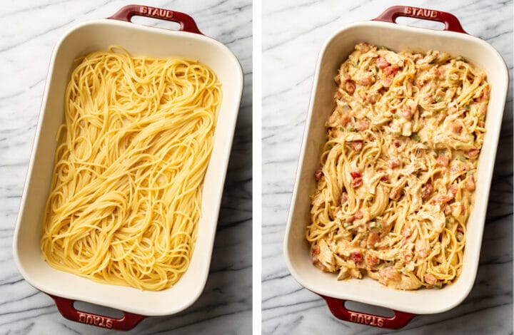 adding spaghetti to a casserole dish and mixing in chicken and sauce