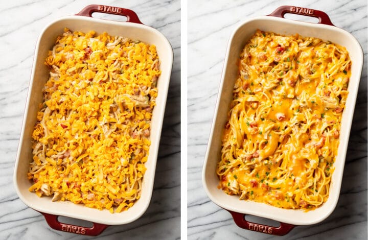 cheesy chicken spaghetti before and after baking