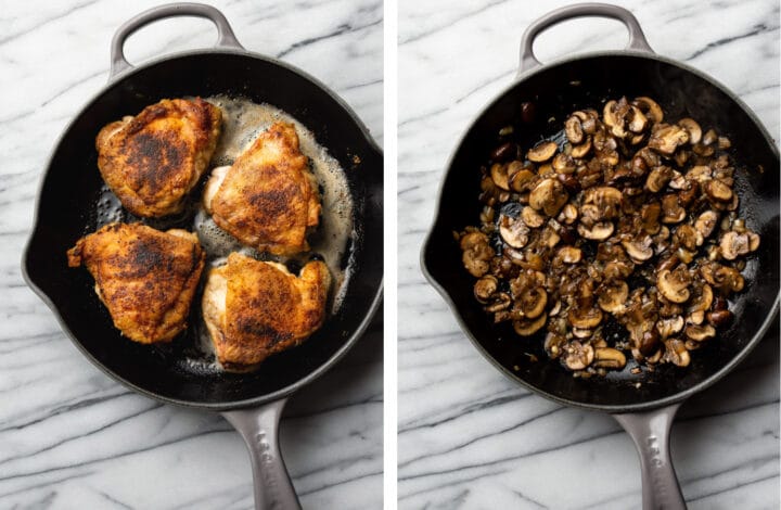 pan frying chicken thighs and mushrooms in a skillet