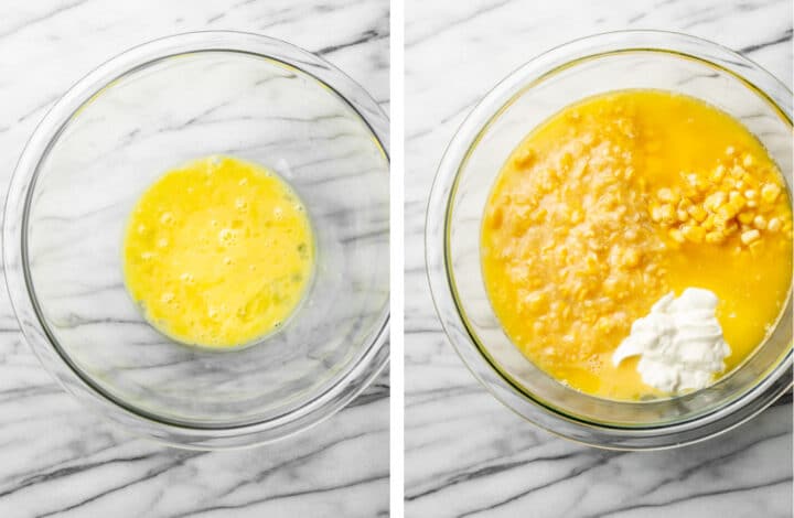 making batter in a glass dish for corn casserole