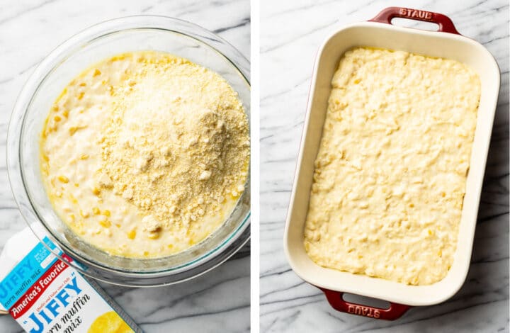mixing corn casserole batter and adding to a baking dish