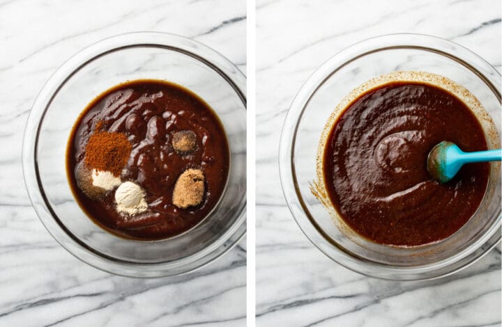 mixing up sauce in a glass bowl for crockpot bbq chicken