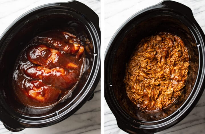 slow cooker bbq chicken before and after being shredded