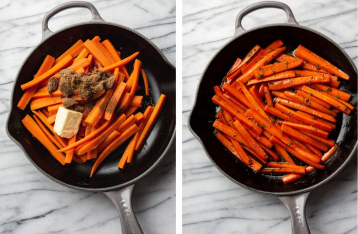 adding sugar, butter, and cinnamon to carrots in a skillet