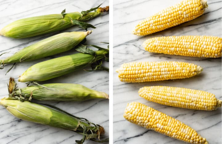 fresh corn before and after removing husks