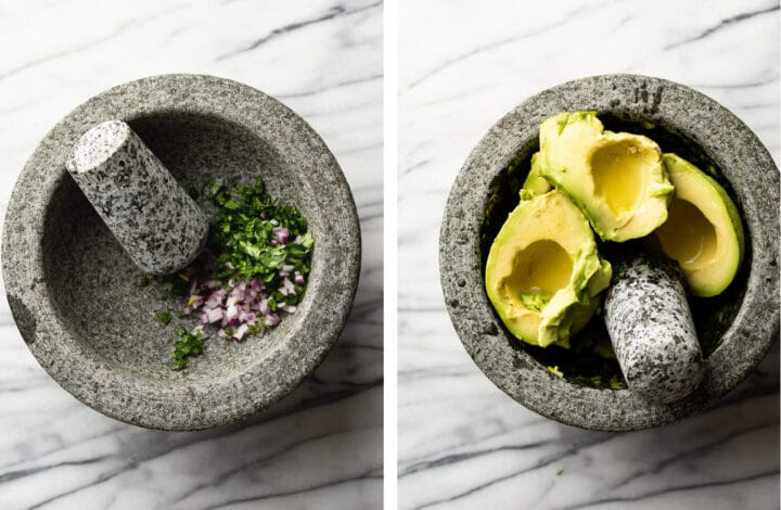 mashing avocado in a molcajete