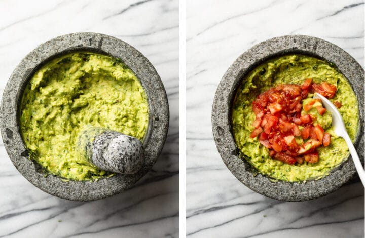 adding tomatoes to guacamole in a molcajete