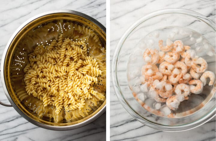 cooking pasta and shrimp for pasta salad