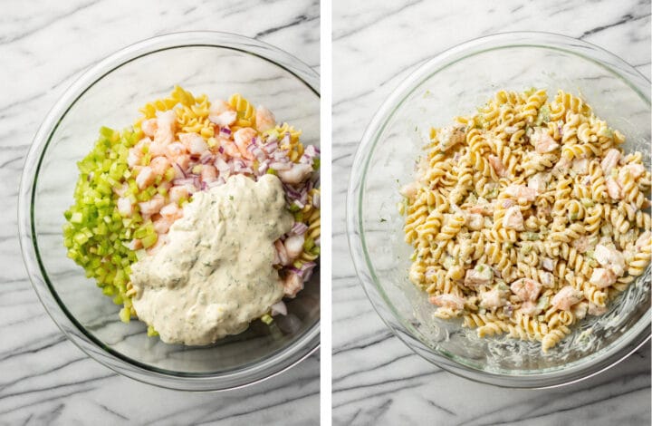 shrimp pasta salad before and after tossing