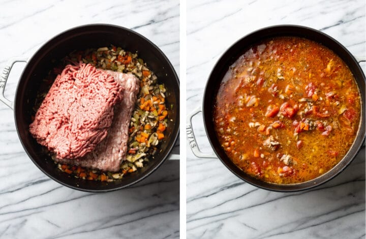 adding in ground meat to make spaghetti sauce