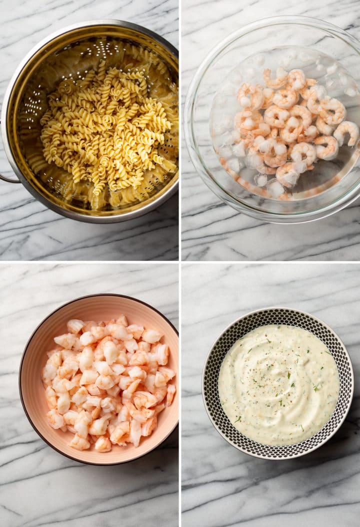 cold shrimp pasta salad process photos collage