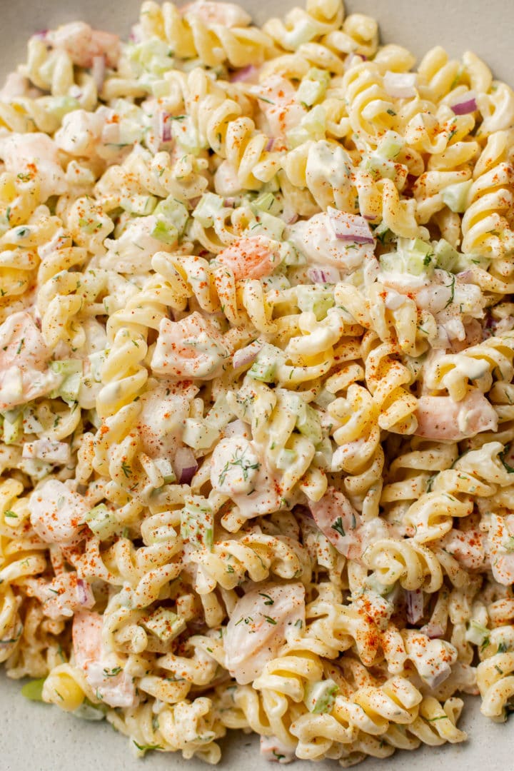 close-up of easy creamy shrimp pasta salad