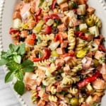 easy antipasto salad on a white platter