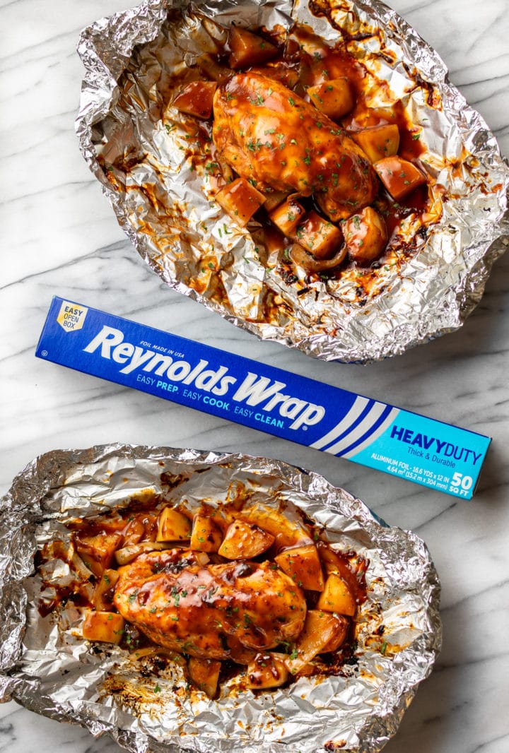 two BBQ Chicken Foil Packs pictured with Reynolds Wrap Foil