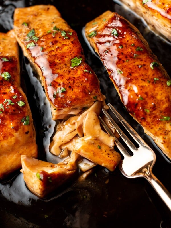close-up of brown sugar glazed salmon flaked with a fork