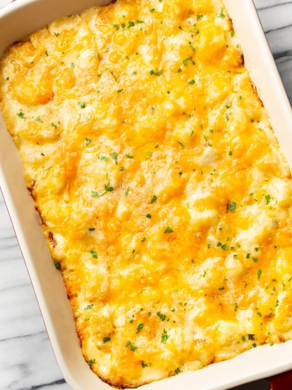 the best cheesy potato bake in a casserole dish